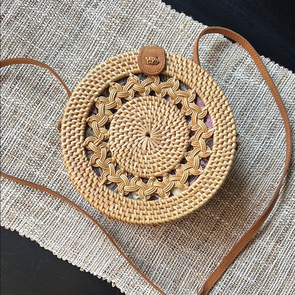 Round Woven Tan Crossbody Bag